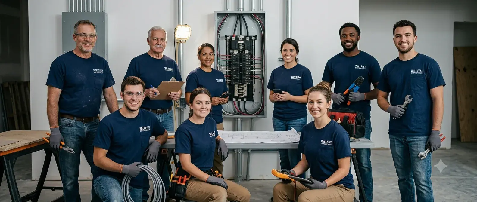 The crew outside the workshop